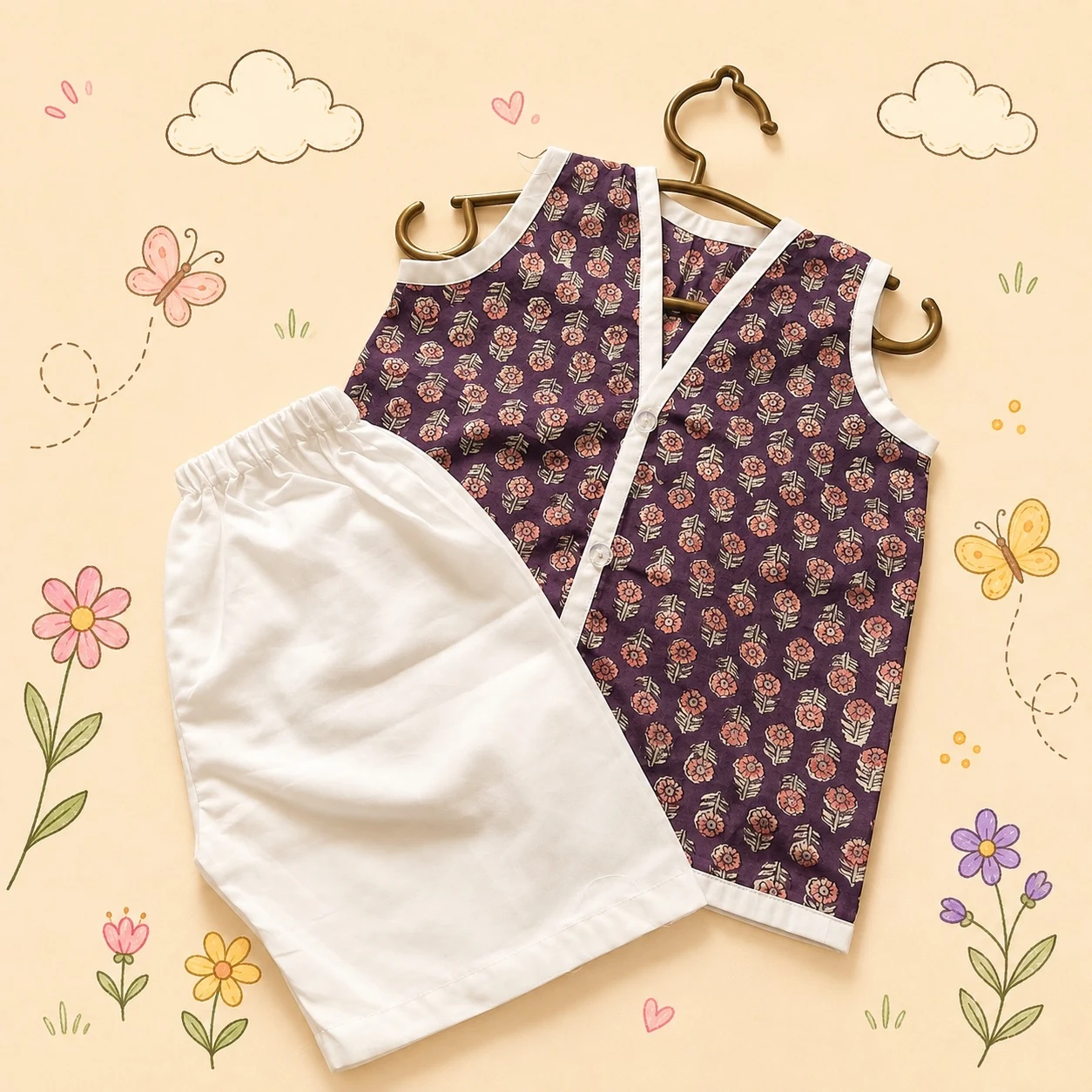 Purple Floral Jhabla and Shorts Set