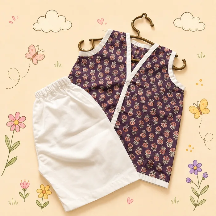 Purple Floral Jhabla and Shorts Set