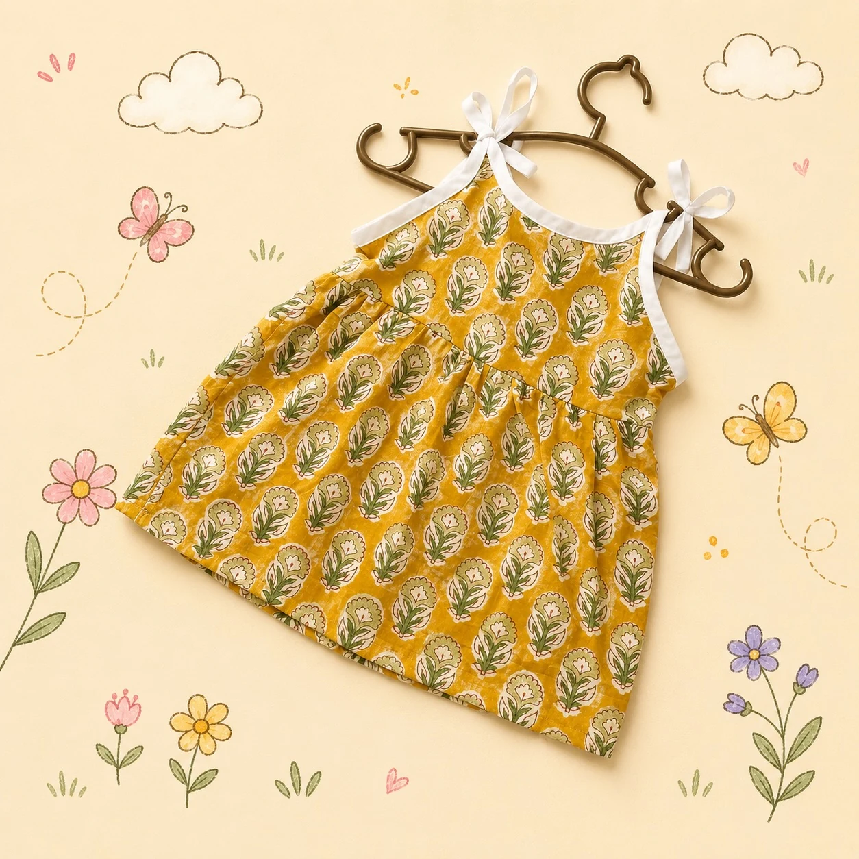 Mustard Floral Tie-Strap Frock