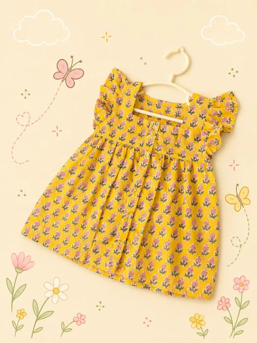 Mustard Floral Frill-Sleeve Frock